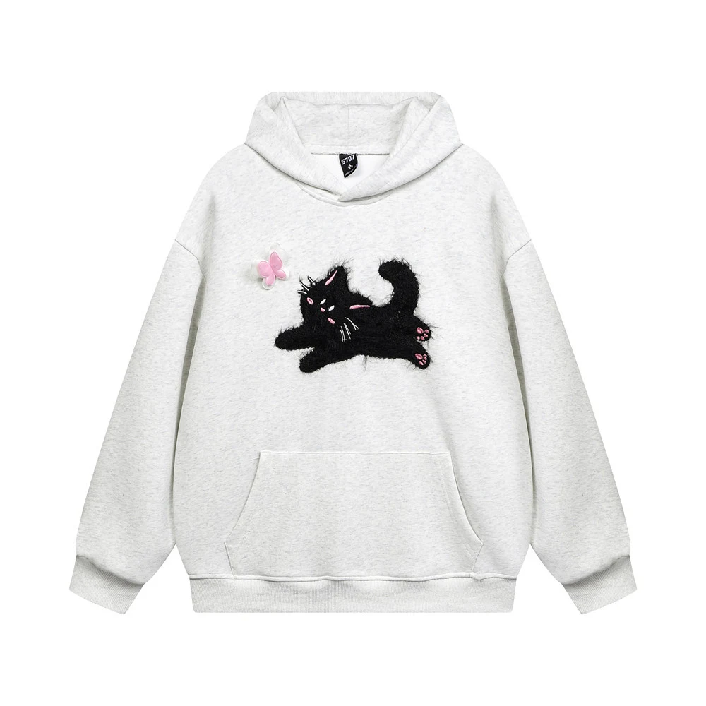 Moletom solto com capuz, bordado de corrente de gatinho e borboleta. Perfeito para um visual casual e confortável, ideal para o dia a dia. — foto 23