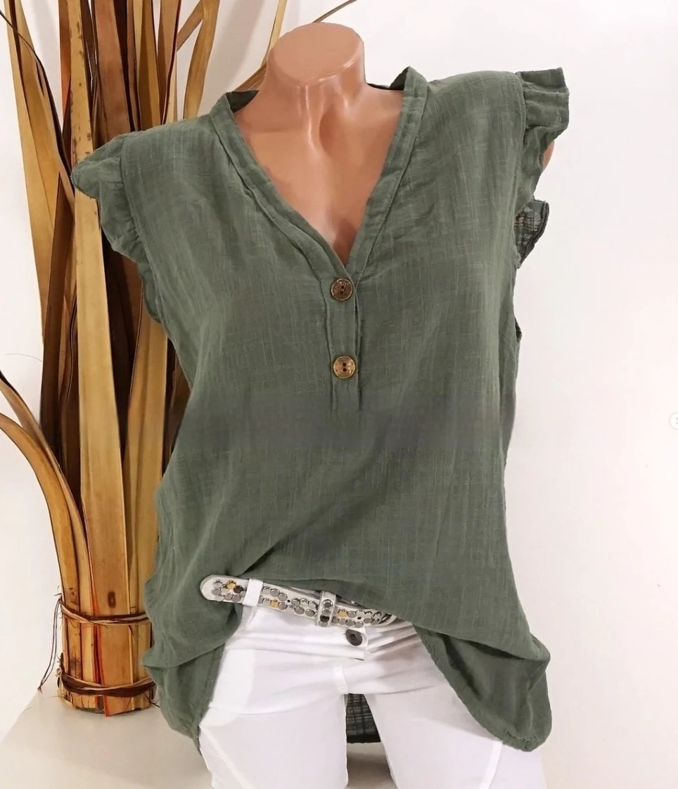 Women's V-neck Plus Size Cotton and Linen Loose T-shirt offers comfort and breathability, perfect for everyday casual we — photo 2