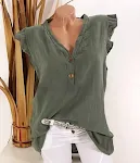 Women's V-neck Plus Size Cotton and Linen Loose T-shirt offers comfort and breathability, perfect for everyday casual we — photo 2