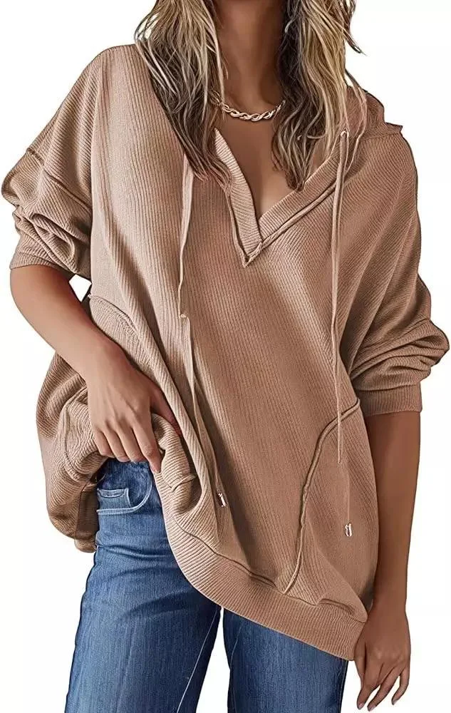 Dames V-hals Wafel Effen Kleur Hoodie met lange mouwen. Comfortabele en stijlvolle hoodie, ideaal voor dagelijks gebruik en casual outfits. — foto 1