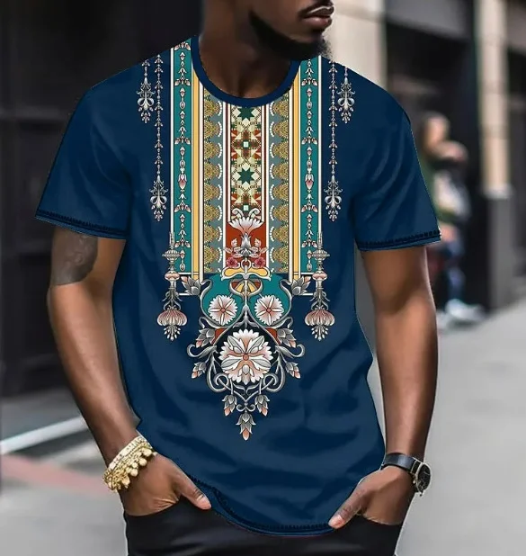 Camiseta masculina com estampa digital 3D estilo étnico, gola redonda e manga curta, perfeita para um visual moderno e confortável no dia a dia — foto 13