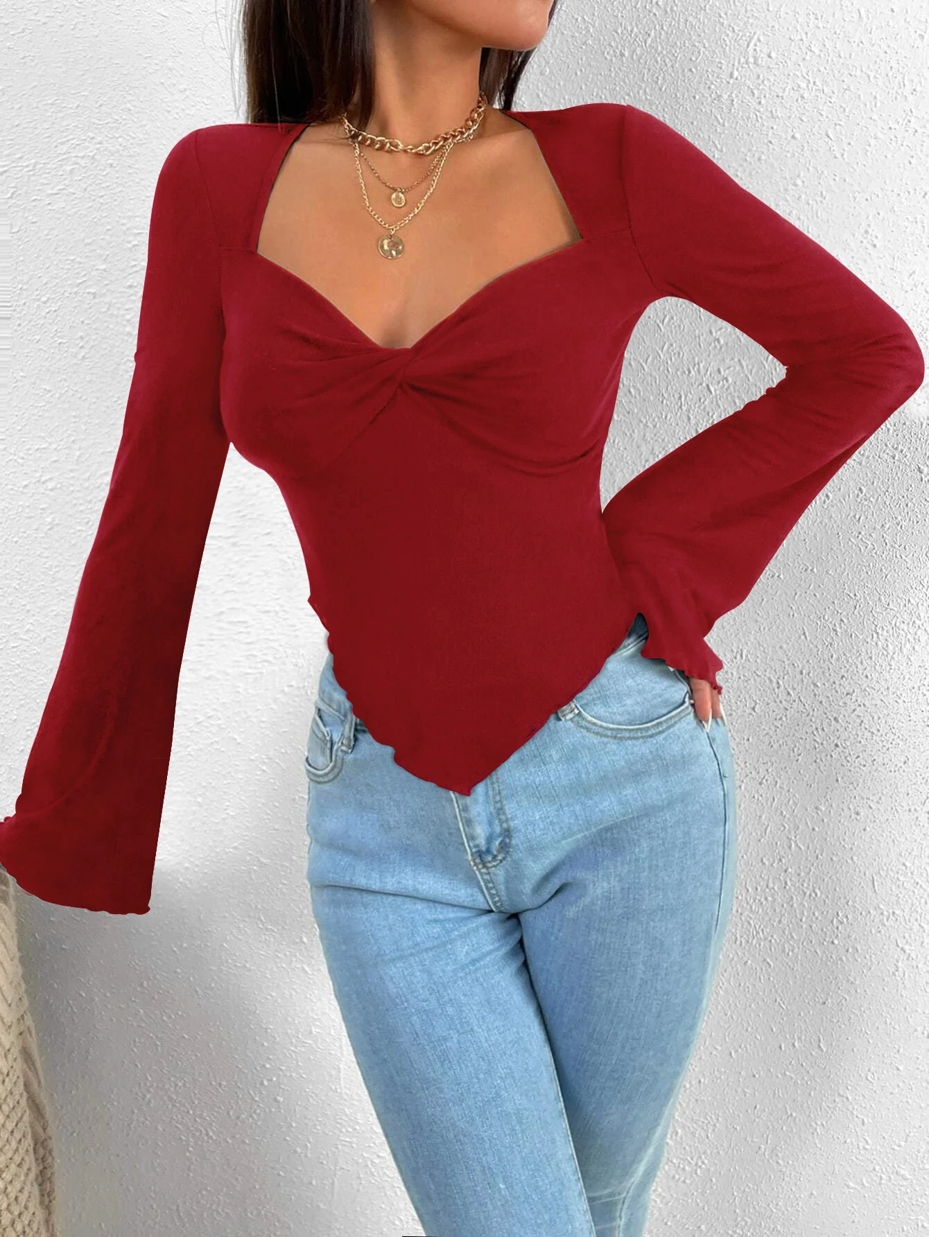 Title 19, V-neck flared sleeves waist trimming knitted lo...