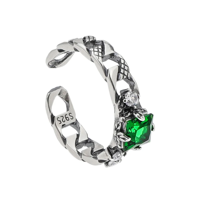 Anel Hip Hop Masculino Corrente Cubana Prata com Pedra Verde. Design estiloso e moderno para um visual autêntico e cheio de atitude. — foto 1