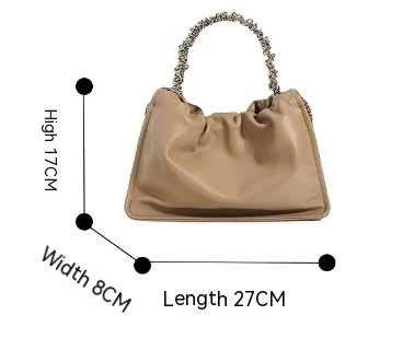 Title 1, Genuine Leather Chain Pleated Cloud Bag. Elegan...