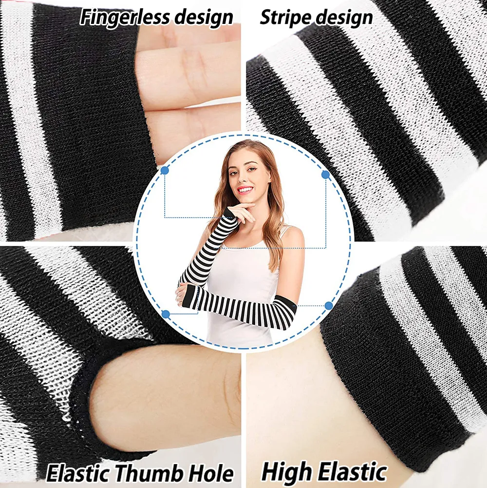 Title 10, Fingerless Oversleeve Dark Lolita Striped Cross...