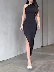 Solid Color One Shoulder Slit Dress — photo 2