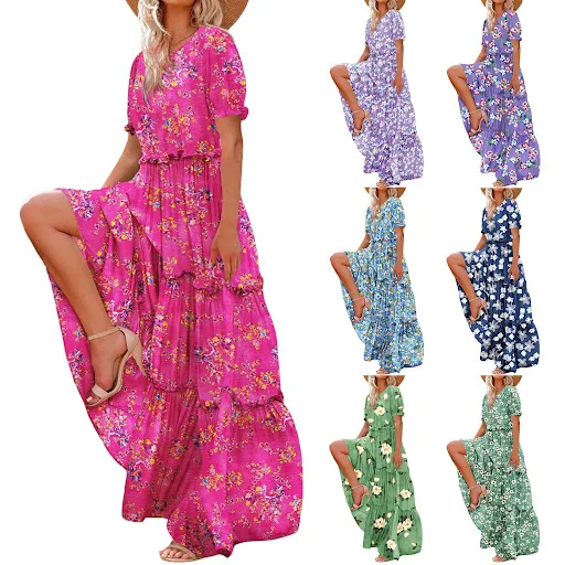 Title 3, Puff Sleeve Fashion Floral Slimming Long Pleate...