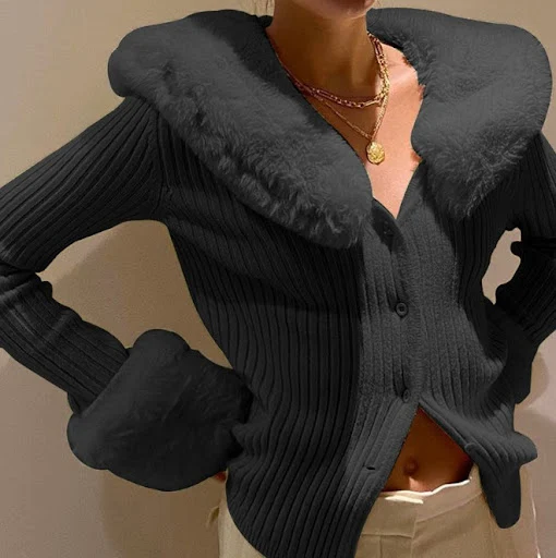Title 13, Temperament Furry Collar And Furry Cuff Knitted...