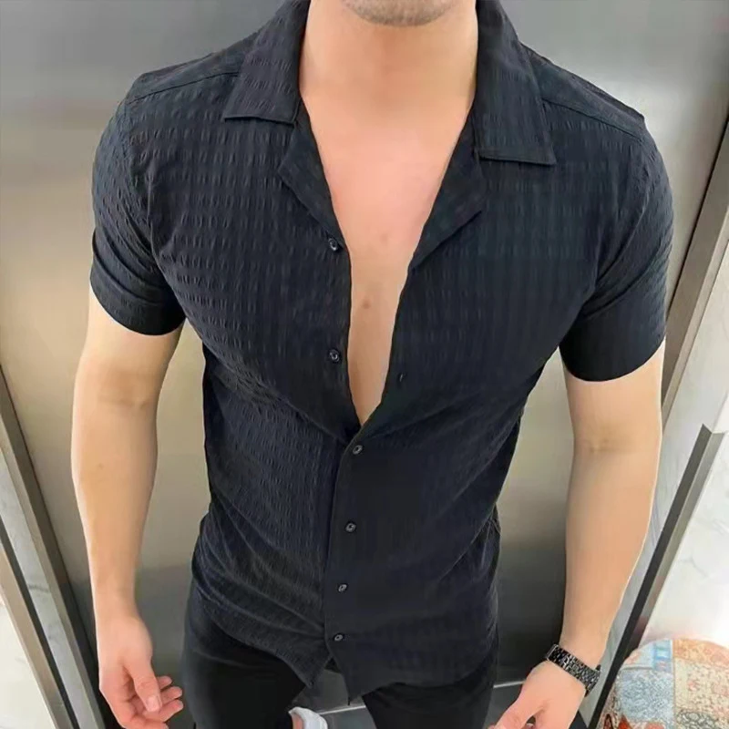 Men's Solid Color Short Sleeve Lapel Cotton Jacquard Cardigan — photo 5