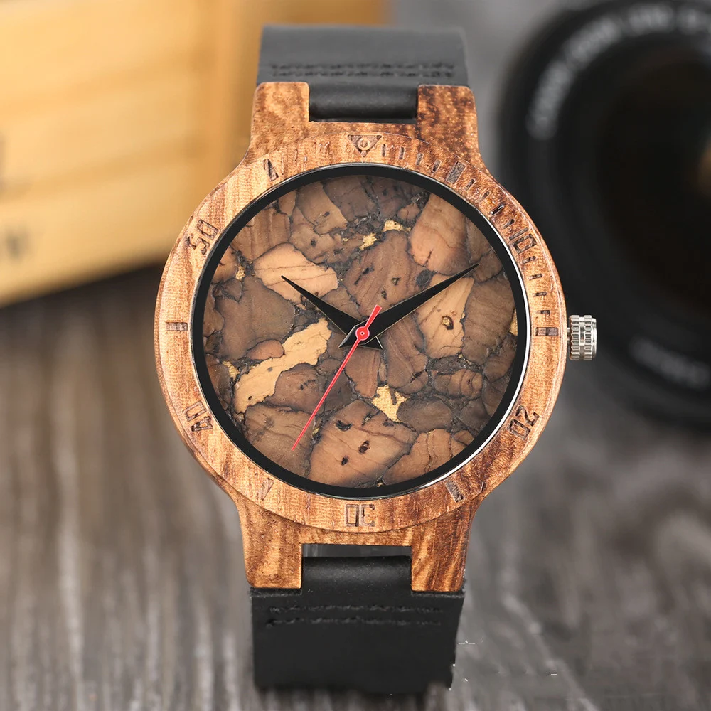 Relógio casual de madeira masculino com mostrador Broken Leaf. Design rústico e sofisticado para uso diário, combina estilo único com funcionalidade. — foto 3