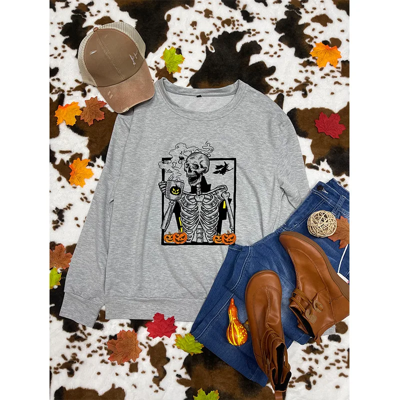 Suéter feminino gola redonda manga longa com estampa de caveira, ideal para um visual moderno e confortável, perfeito para o outono e inverno. — foto 6