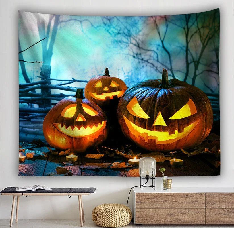 Tapeçaria Trio de Abóboras para Halloween Decore sua casa com este enfeite festivo e artístico. Perfeito para celebrações e decorações temáticas — foto 1