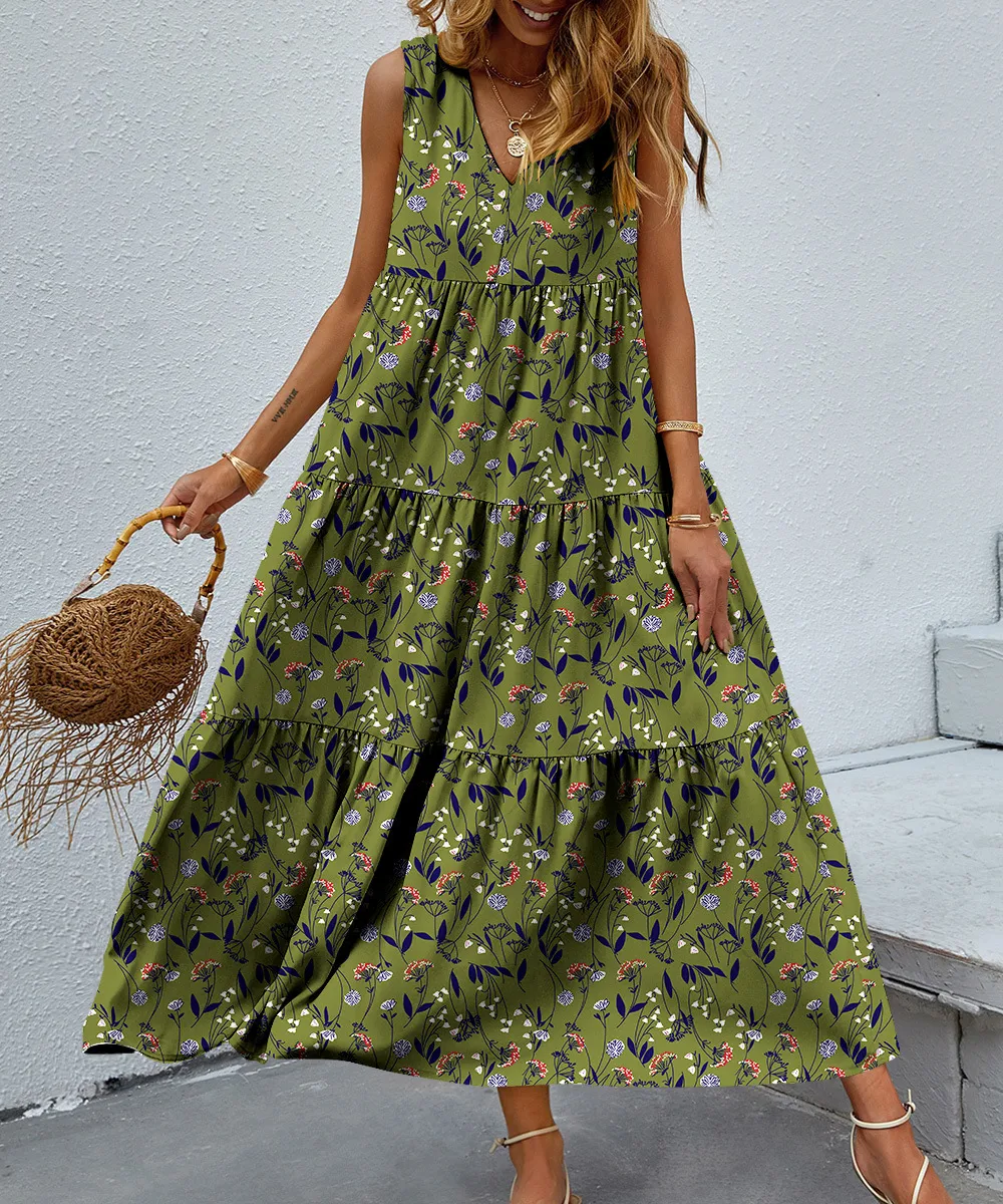 Title 6, Printed V-neck Patchwork Large Swing Dress