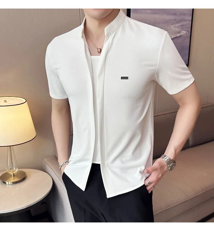 Camisa de manga curta waffle leve de verão Gola alta Design de nicho Perfeita para o calor, estilo e conforto inigualáveis. — foto 7