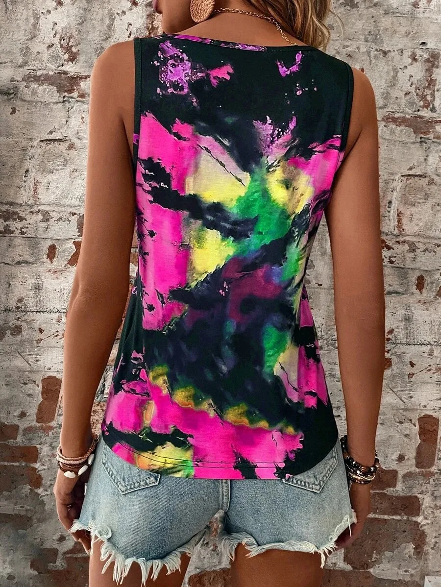 Title 5, Printed Painted V-neck Open Vest Top