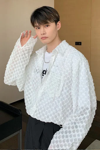 Title 5, Camicia coreana estiva da uomo, manica lunga, d...
