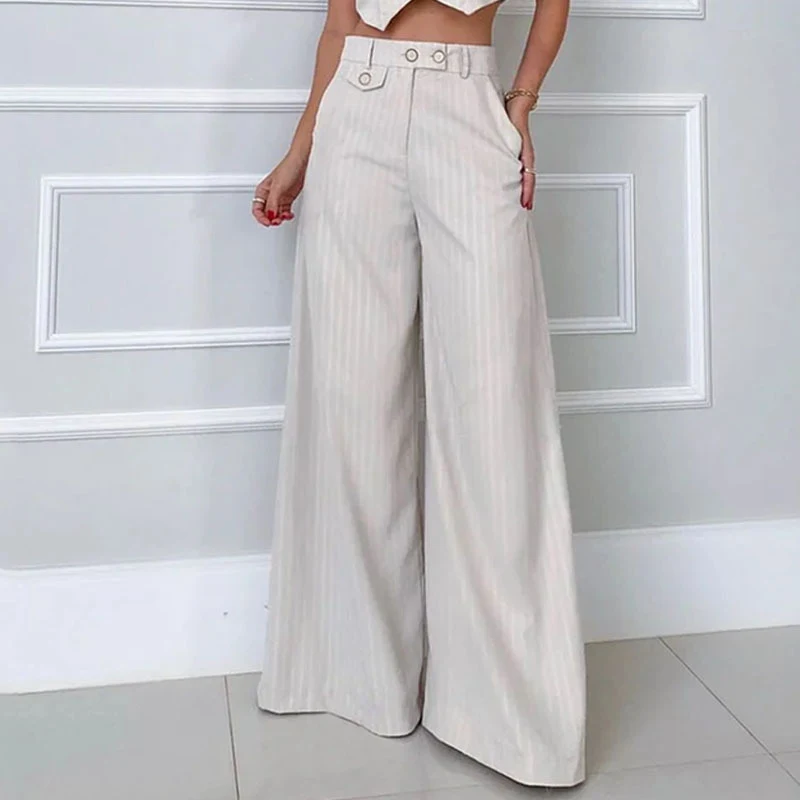 Calças femininas de pernas largas com cintura alta e listras com decote em V. Conforto e estilo em uma peça versátil e elegante para diversas ocasiões — foto 4