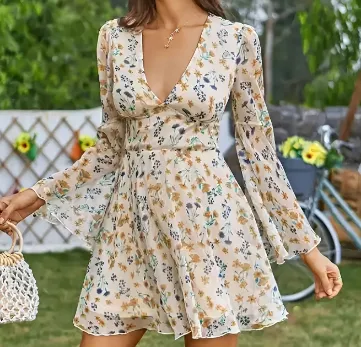Title 7, Summer New Simple Elegant Floral V-neck Flared ...
