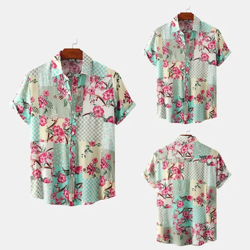 Title 6, Camisa floral masculina de manga curta com lape...