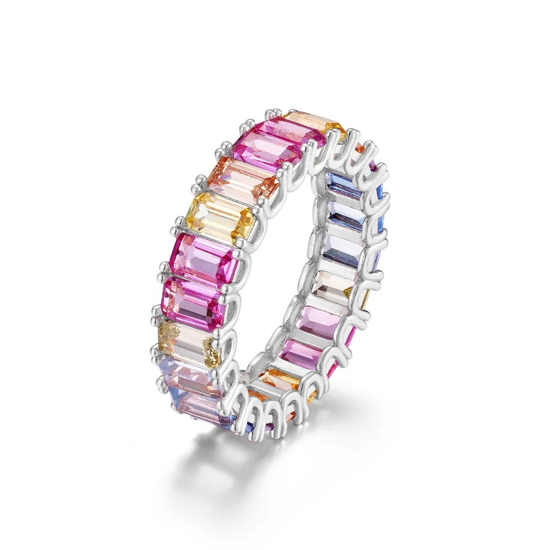 Anel de zircônia arco-íris feminino, fileira única com pedras coloridas, perfeito para adicionar cor e brilho ao seu look. — foto 1