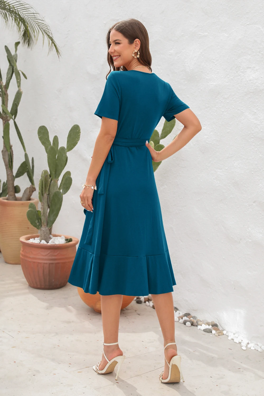 Title 6, Solid color long short sleeve V-neck high waist...