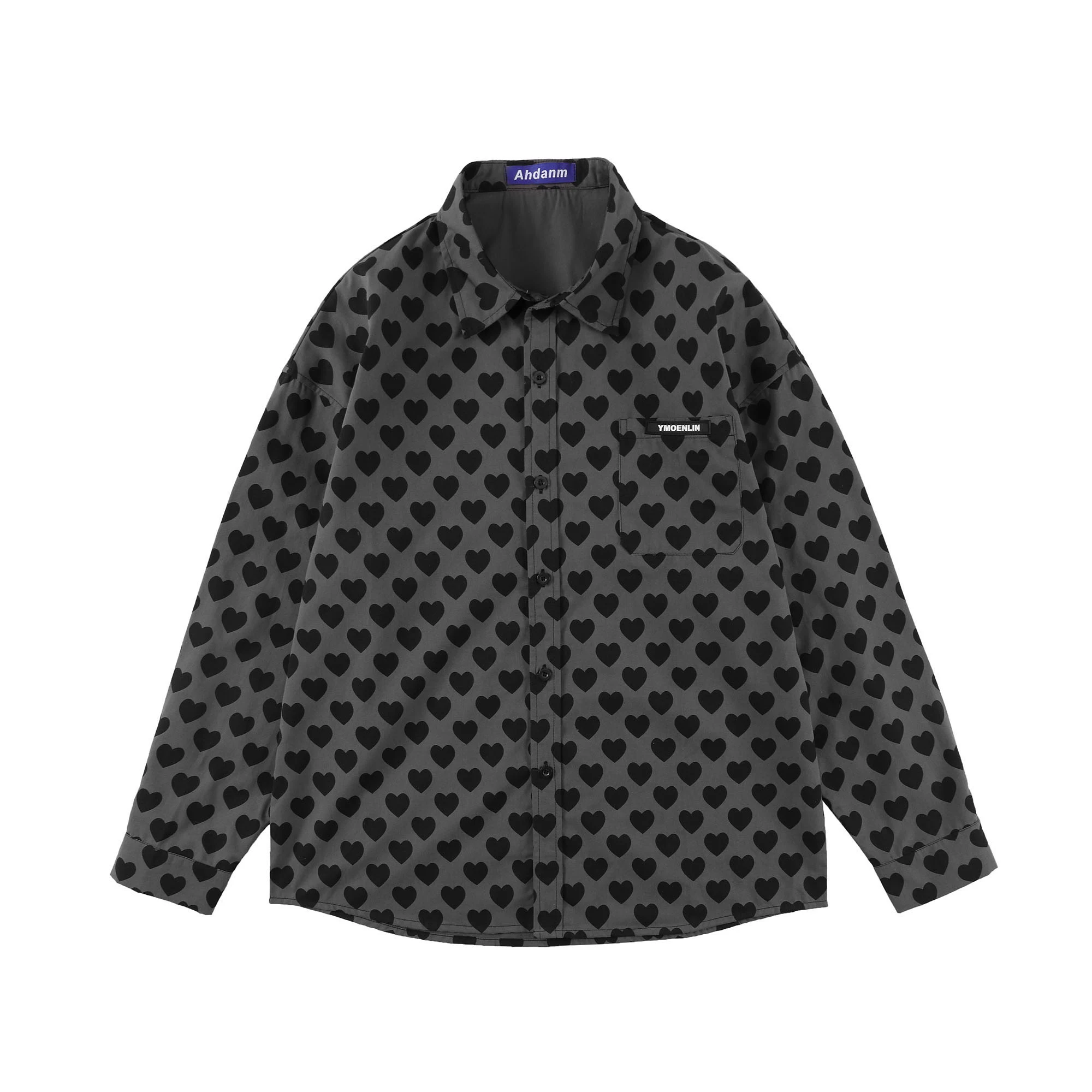 Men's heart print long sleeve shirt, loose casual fit. Comfortable and stylish for everyday wear, perfect for a relaxed — photo 3