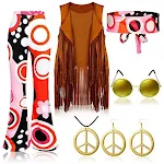 Reviva a festa hippie dos anos 70 com este conjunto vintage. Inclui colete com franjas, calças, lenço e traje. Vista-se com estilo! — foto 1