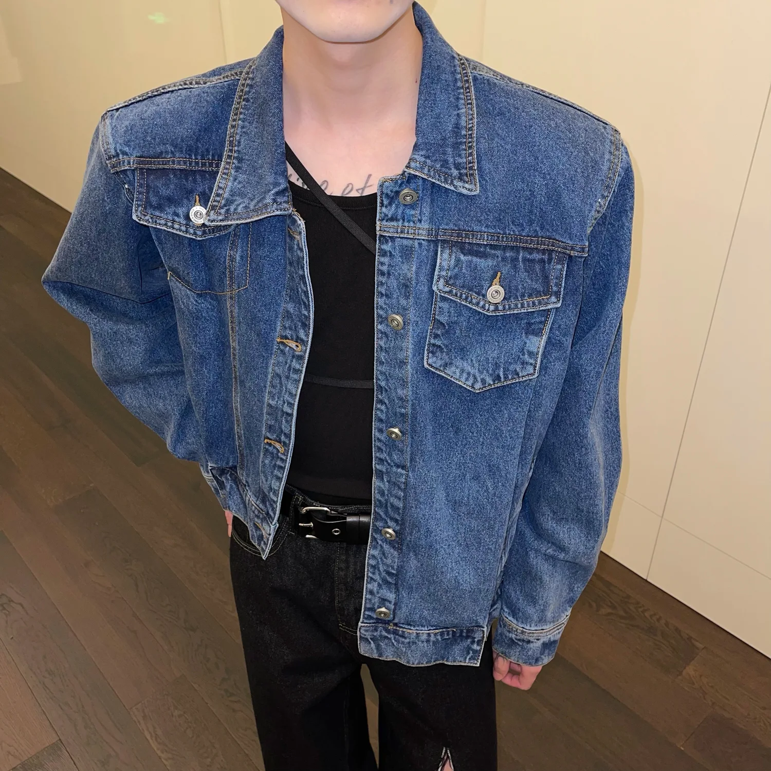 Title 5, Niche Mens Shoulder Pad Denim Jacket, a stylis...