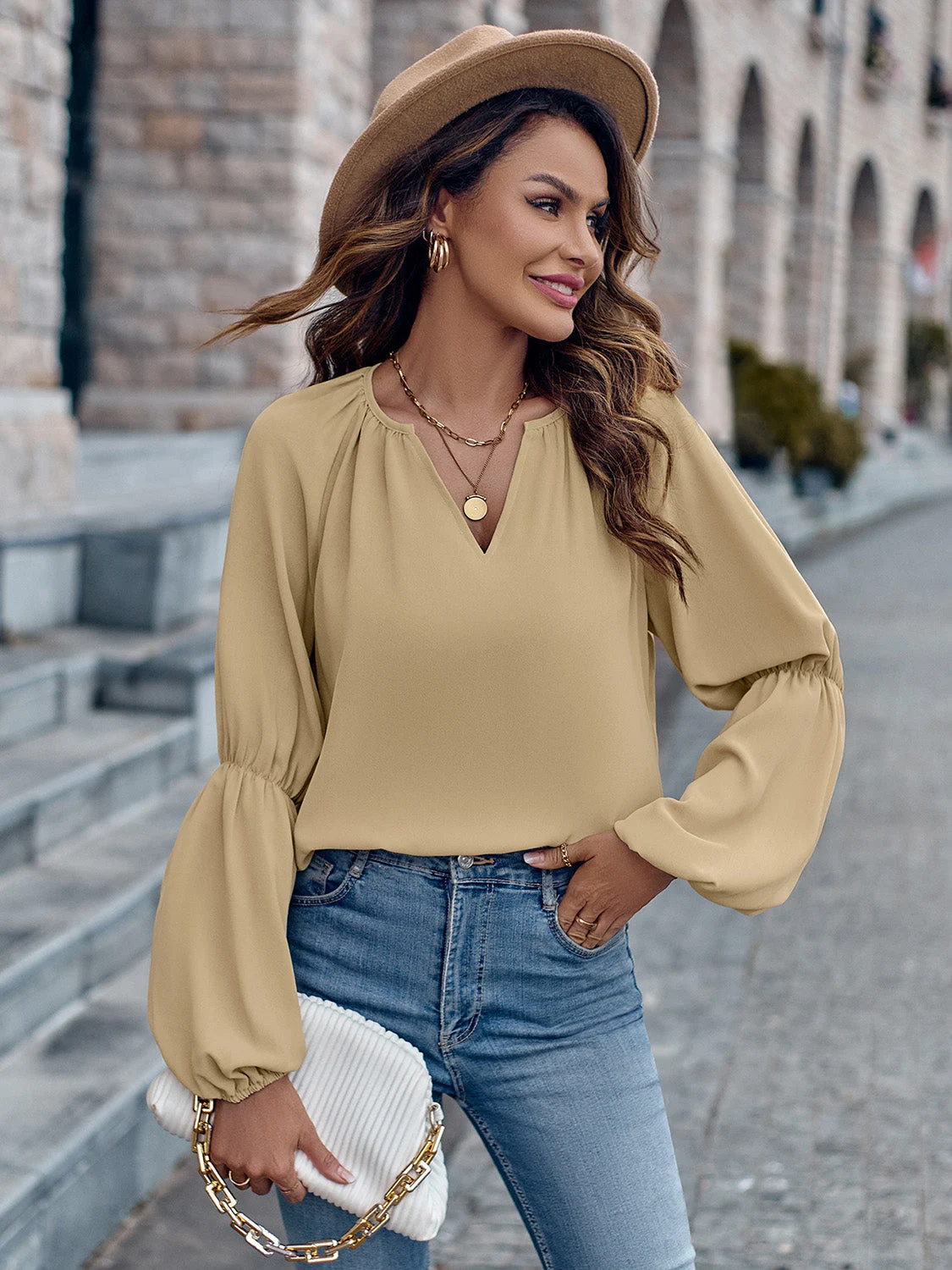 Title 10, Solid Color And V-neck Loose Casual Womens Top