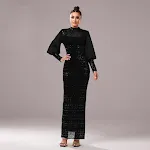 Vestido longo de noite com mangas compridas, gola redonda, lantejoulas e fenda. Elegância e brilho para festas e eventos especiais. — foto 1