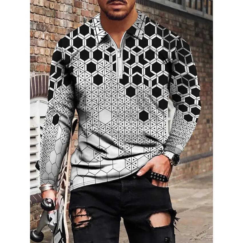 Camisa POLO masculina casual com estampa geométrica 3D, tendência da moda com zíper e gola de lapela, perfeita para um visual moderno e confortável. — foto 7