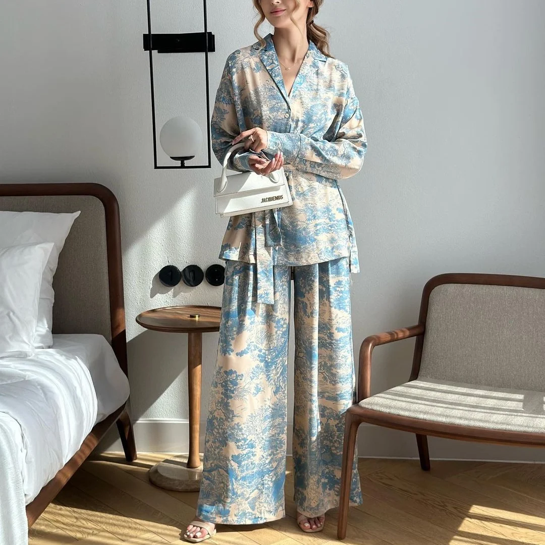 Conjunto Feminino Camisa Manga Longa com Estampa Francesa, Calças de Perna Larga Cintura Alta Elegância — foto 5