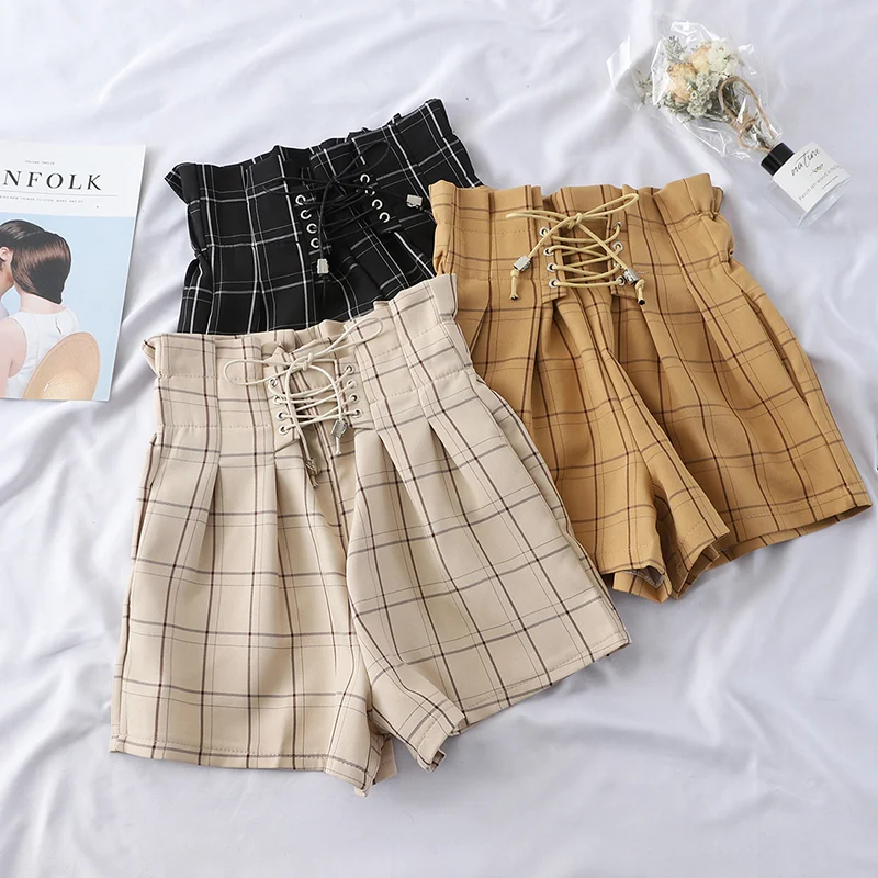 Women's high waist plaid shorts with wildflower details and straps, perfect for a casual and comfortable summer outfit, — photo 1