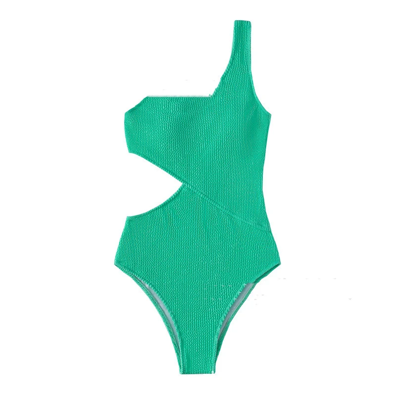 Groen Europees en Amerikaans zomerbadpak uit één stuk, ideaal voor warmwaterbronnen, met één schouder, stijlvol en comfortabel. — foto 1