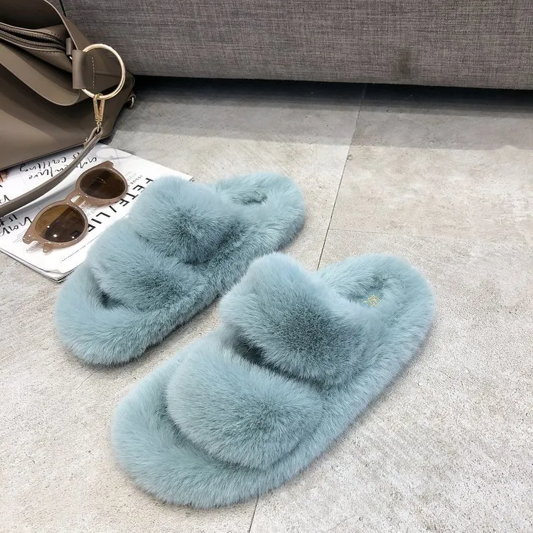 Zapatillas cruzadas de pelo de conejo planas informales para mujer, comodidad y estilo casual para tus pies, ¡perfectas para el hogar! — foto 5