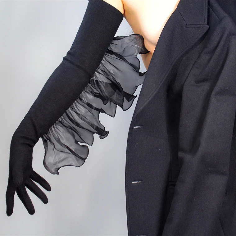 Title 4, Cashmere Gloves Extra Long Wool Black Elastic T...