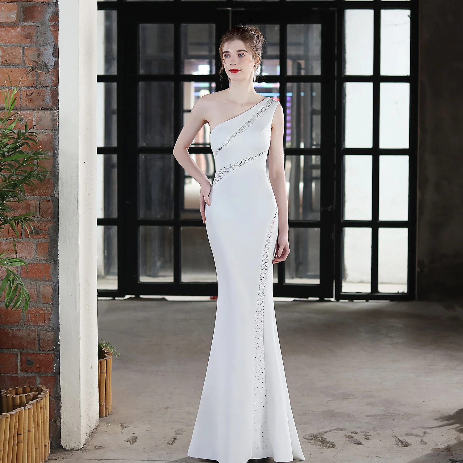 Title 4, Long One-shoulder Toast Dress Bride for Banquet...