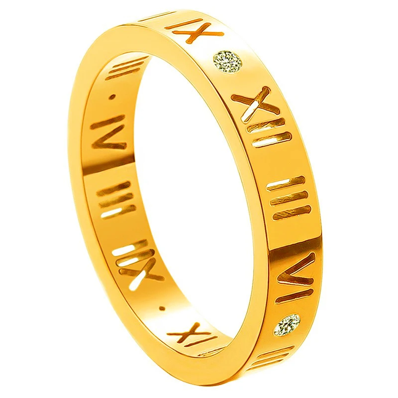 Anel de aço titânio ouro rosa 18k com algarismos romanos e diamante. Sofisticação e resistência para um toque elegante no seu visual. — foto 1