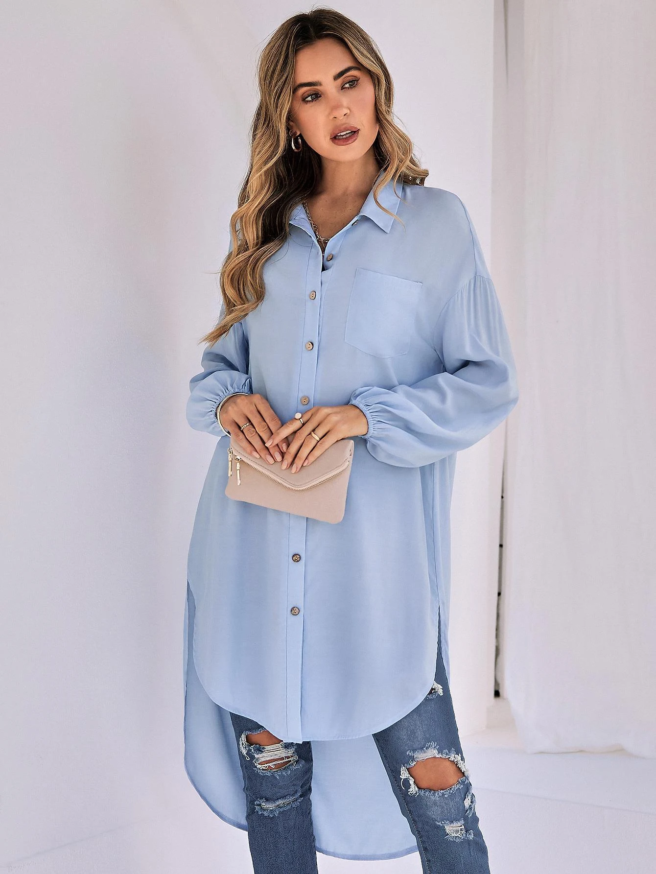 Nova camisa feminina casual de cor sólida solta com lapela longa — foto 13