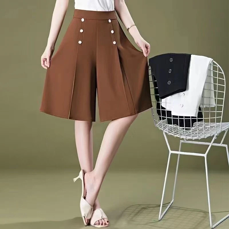 Calças de verão finas de cintura alta com corte slim, perna larga de seis pontos para mulheres, perfeitas para um visual elegante e confortável. — foto 4