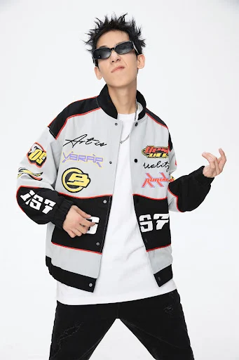 Title 1, Letter Embroidered Label Baseball Jacket, Loose...