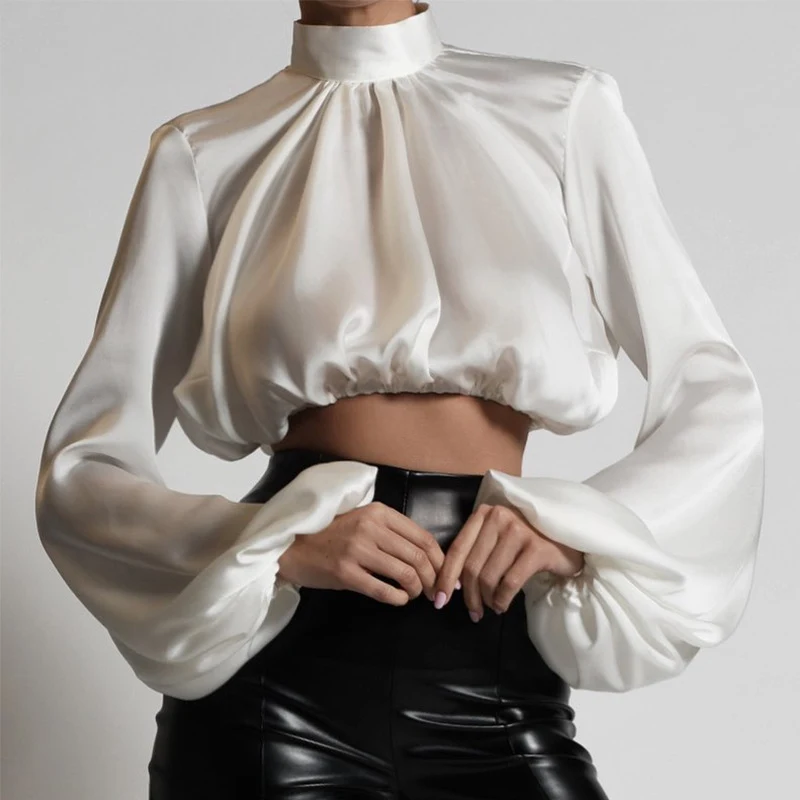 Title 2, Satin-finish puff-sleeve turtleneck T-shirt top...