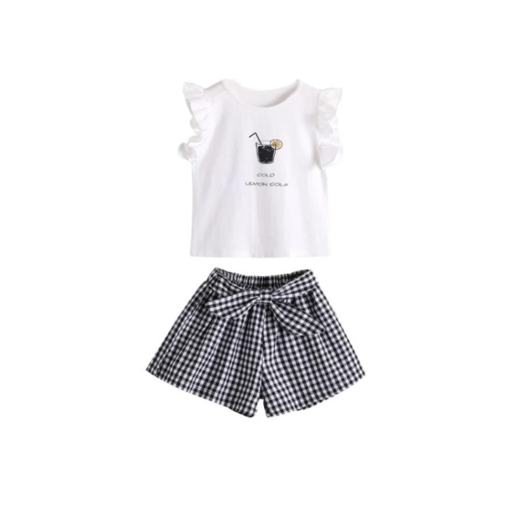 Conjunto de ropa para niñas estilo coreano con lazo a cuadros, de manga corta y dos piezas, ideal para el verano. — foto 5