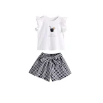Conjunto de ropa para niñas estilo coreano con lazo a cuadros, de manga corta y dos piezas, ideal para el verano. — foto 5