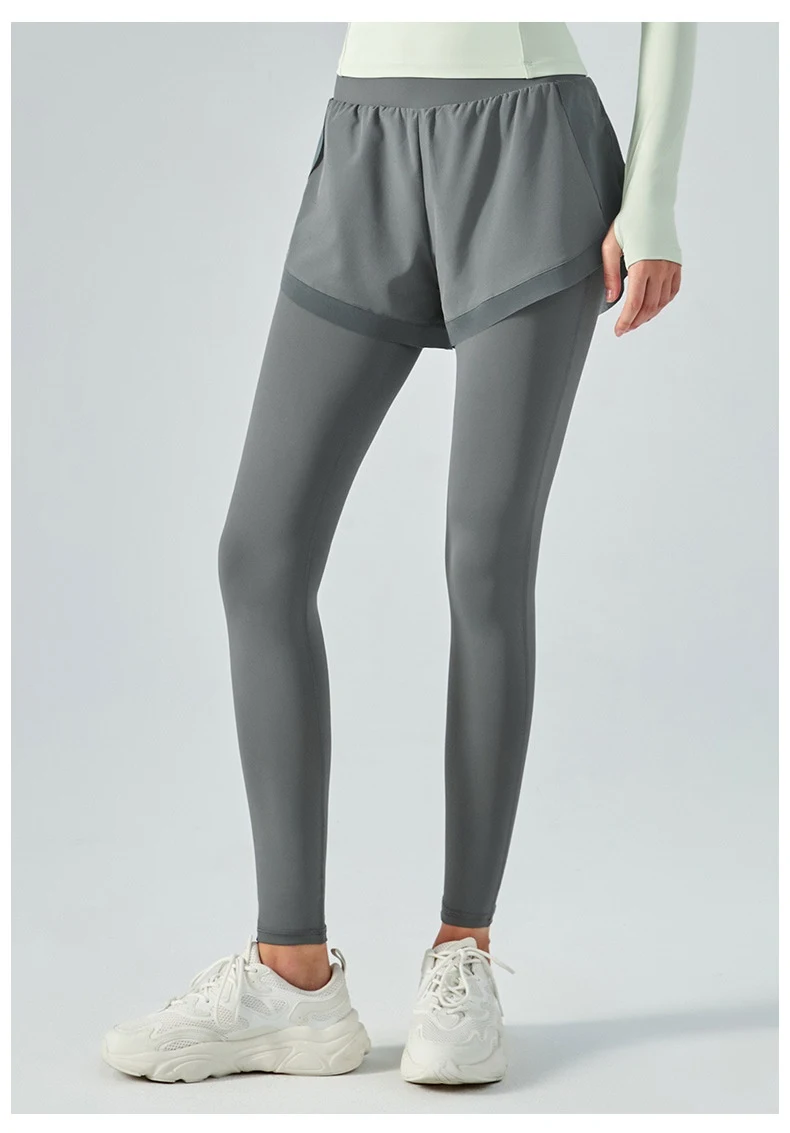 Leggings de malha de duas peças falsas, cintura alta elástica, anti-exposição, ideais para exercícios e uso diário, modelam e garantem conforto — foto 5