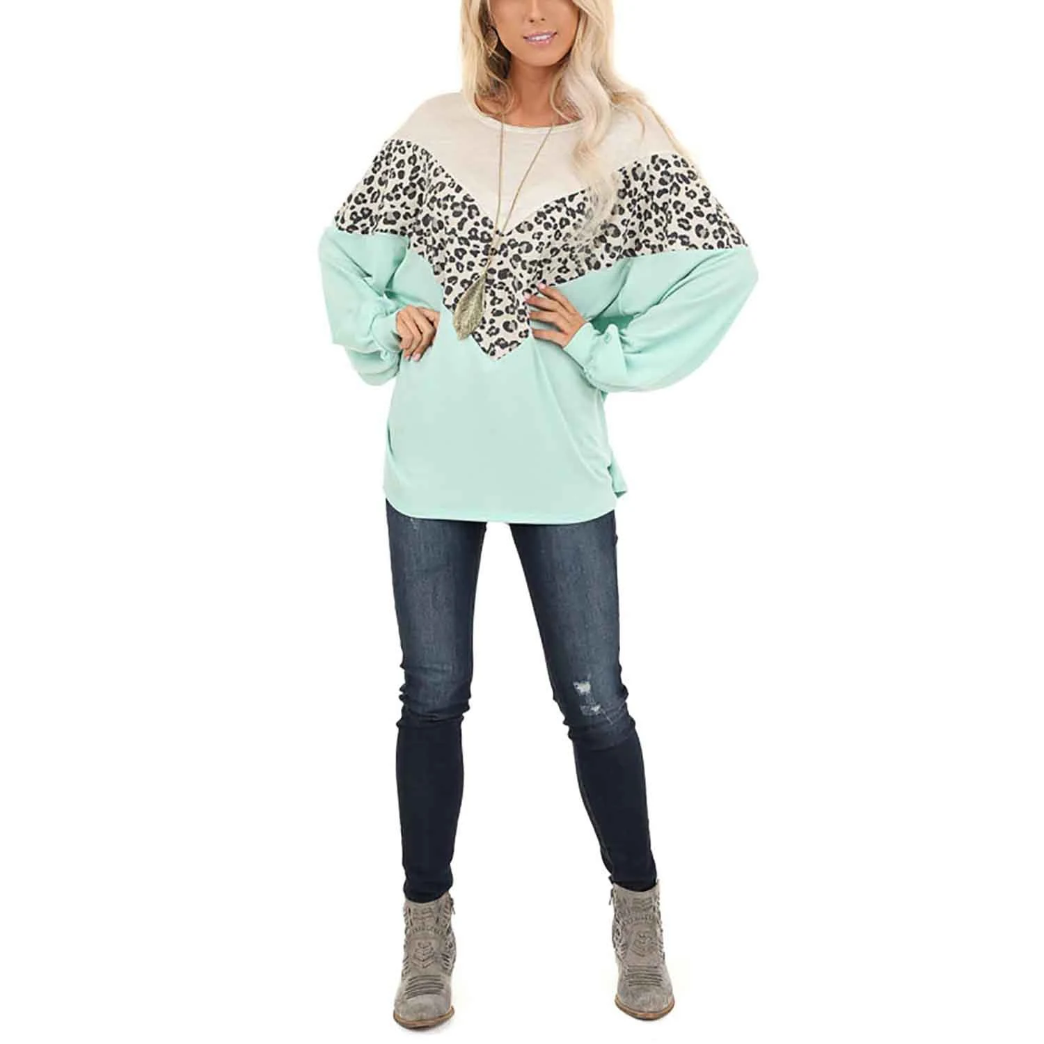 Camiseta feminina de manga comprida com painéis de leopardo — foto 2