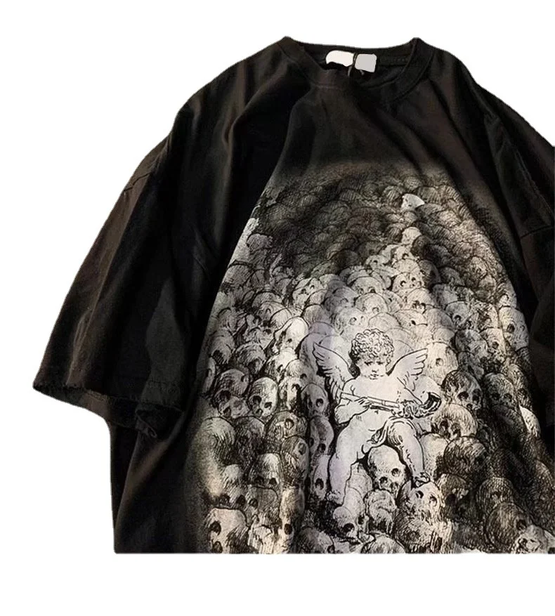 T-shirt a maniche corte con stampa teschio angelo, perfetto per un look casual e alla moda, tessuto morbido e confortevole. — foto 2