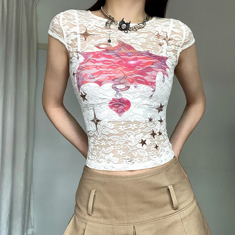 Title 3, Womens See-through Lace Printed Short Top Styl...