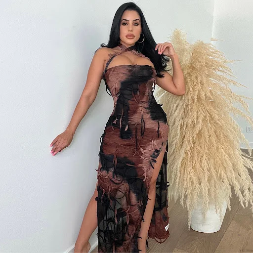 Title 13, Summer Sleeveless Backless Slit Tie-dye Dress W...