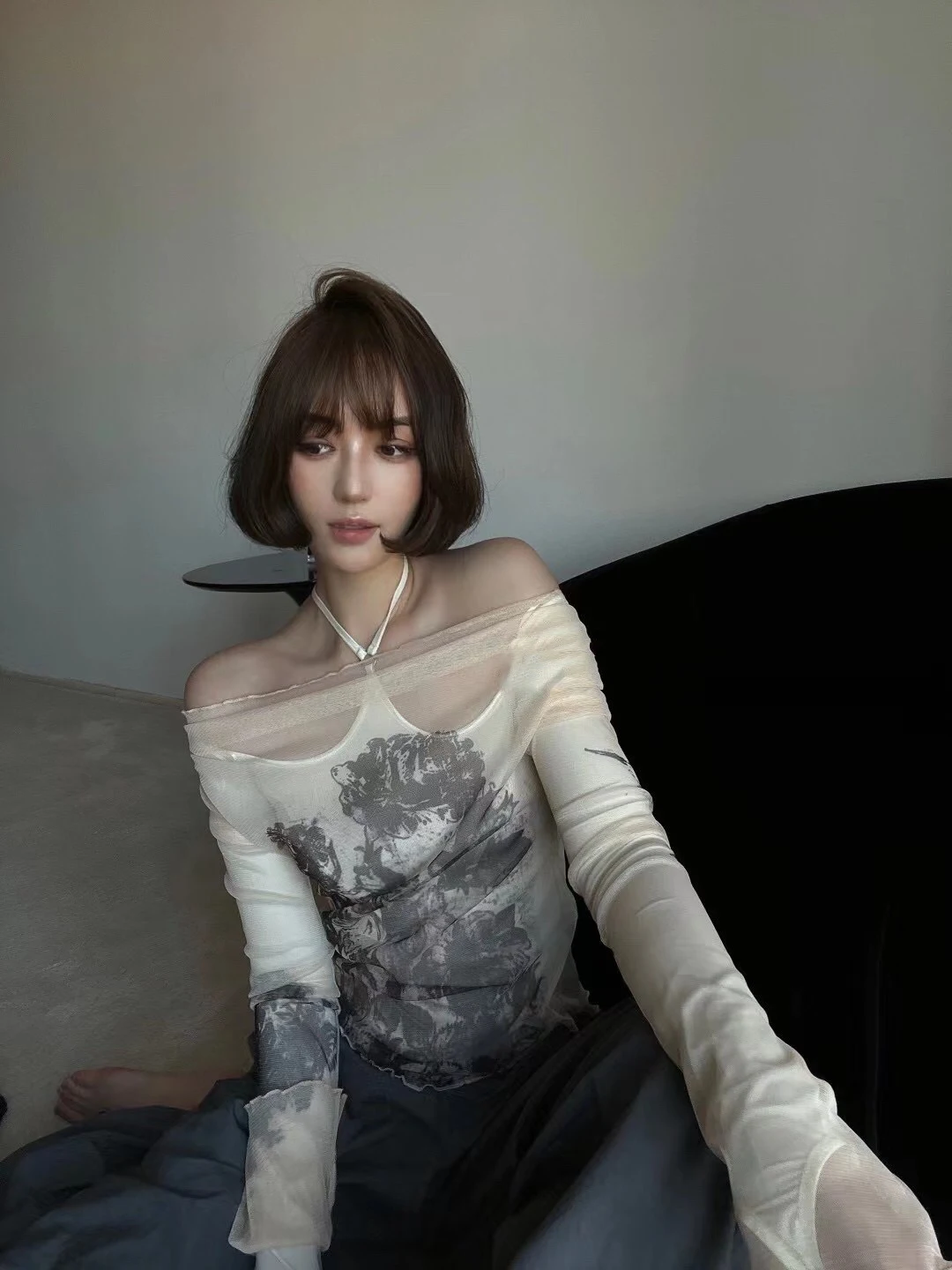 Title 5, Printed Sheer Long Sleeve T-shirt Halter Jumpsuit